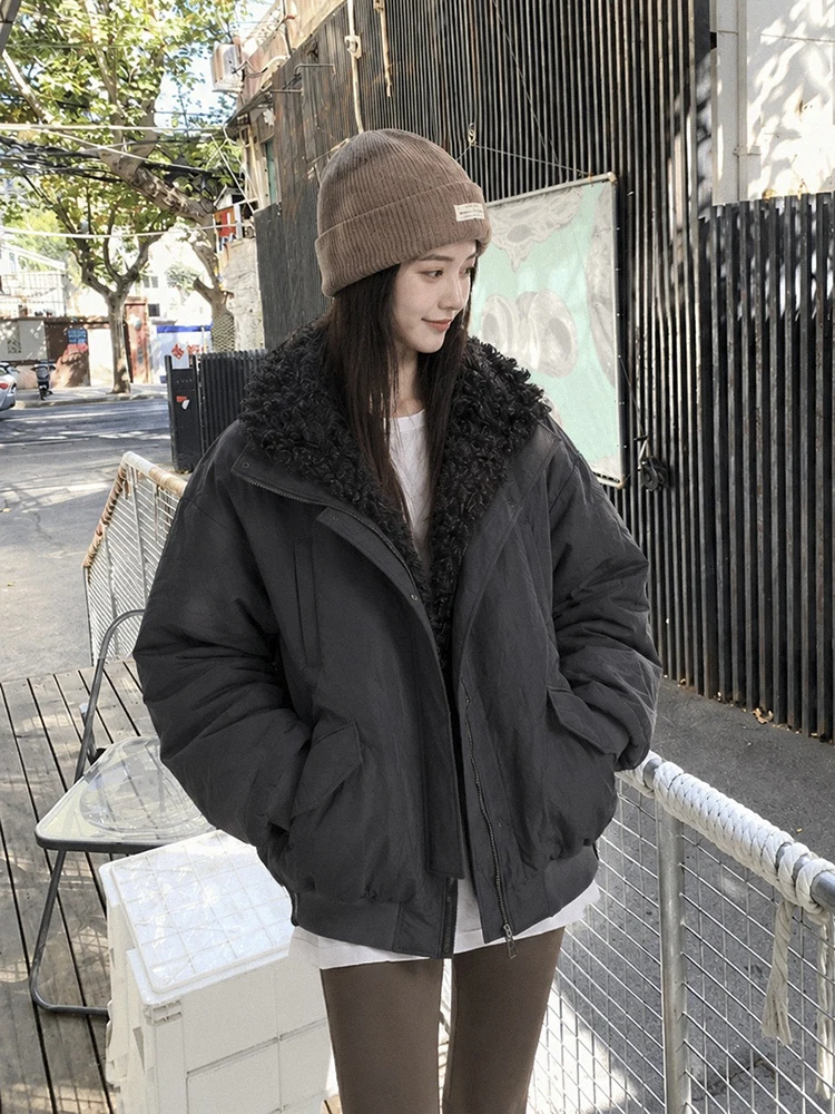 Winter Lamb Hair Stand Collar Down Jacket Female Warm Thick Cold Proof Jacket Women White Duck Down Double Loose Zipper Outwears