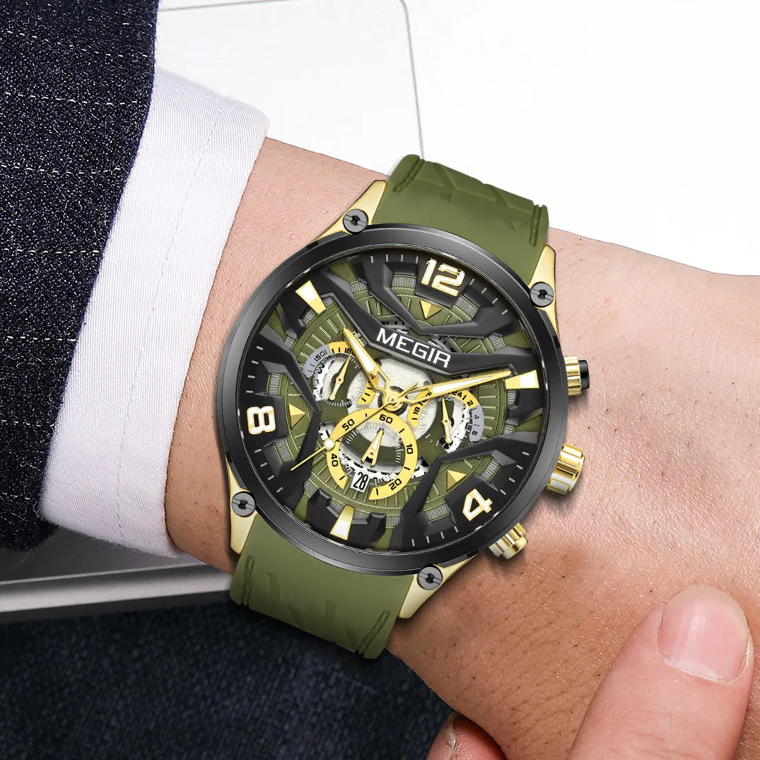 MEGIR 크로노그래프 럭셔리 남성 쿼츠 밀리터리 시계 실리콘 스트랩 방수 남성 스포츠 손목시계 날짜 시계 남성용 시계 2222