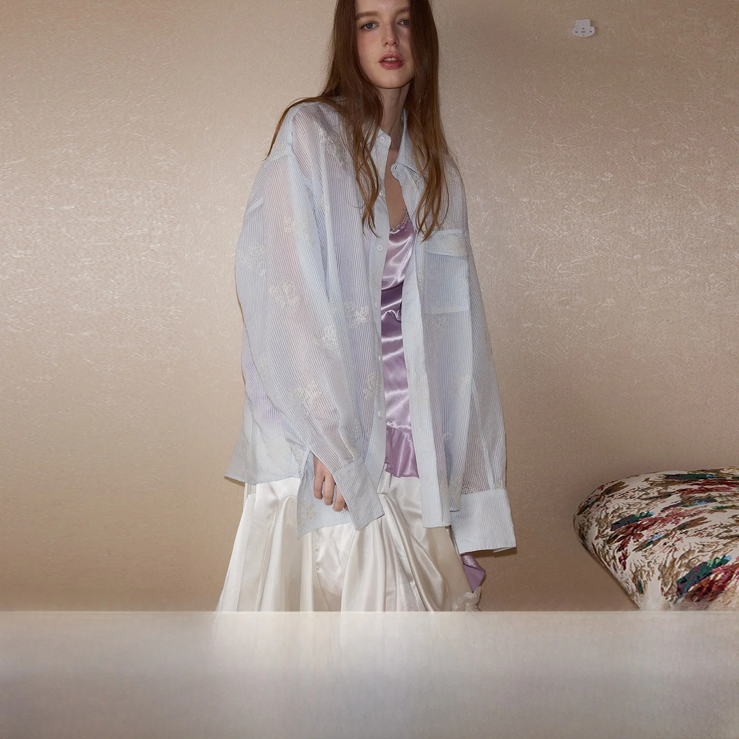 

Itsdan COINROVA Light Blue Striped Embroidered irt Summer Thin Semi-Transparent Long Sve Sun Protection Women's Busin...