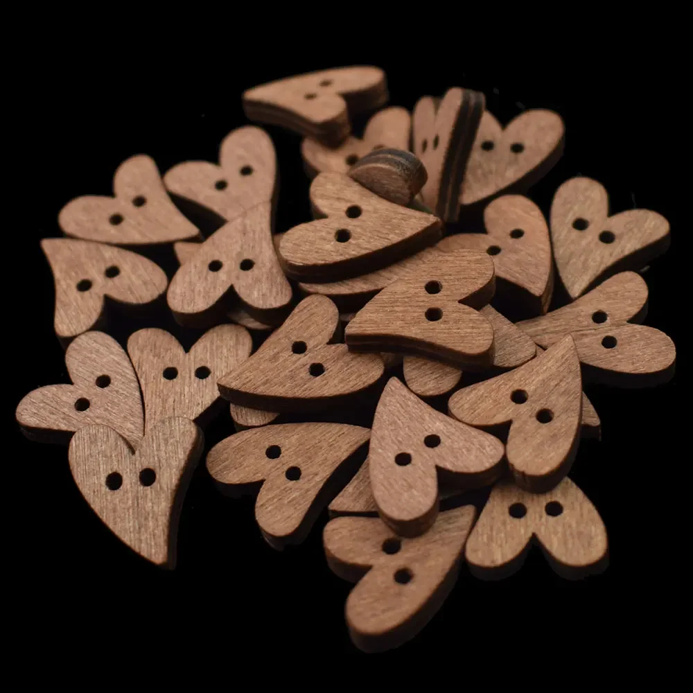 100 Uds. Botones de costura de madera en forma de corazón de 20MM Scrapbooking DIY botón de 2 agujeros de madera marrón para manualidades accesorios de álbum de recortes