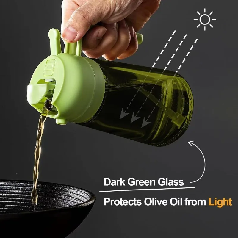 Glass 2 in 1 Olive Oil 470ML 16oz Light Blocking Dark Oil Sprayer for Cooking Dispenser Bottle Kitchen Dark Green Oil Bottle