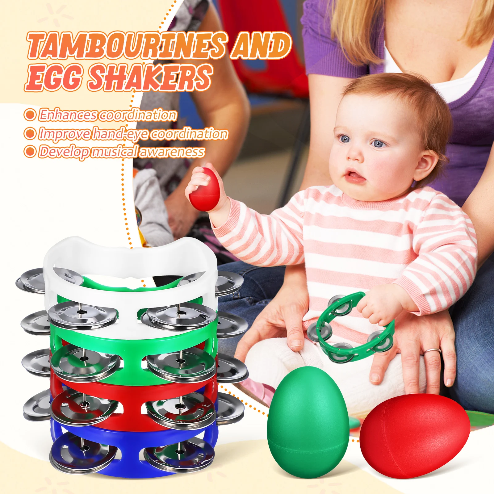 8개 반달 탬버린 세트 어린이 악기 핸드 퍼커션 음악 수업 파티 유치원 쉐이커 키트