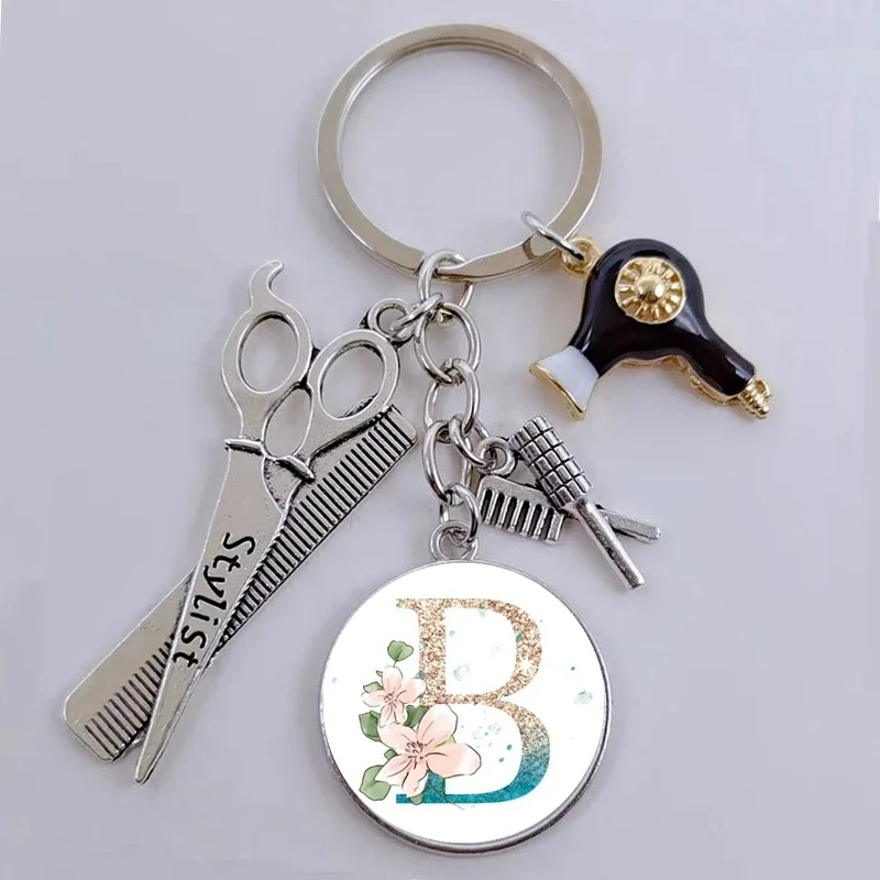 DIY Hair Stylist Essential Hair Dryer Scissors Comb Decorative Keychain Hair Stylist Gift Hair Dryer A-Z Floral Letter Keyring