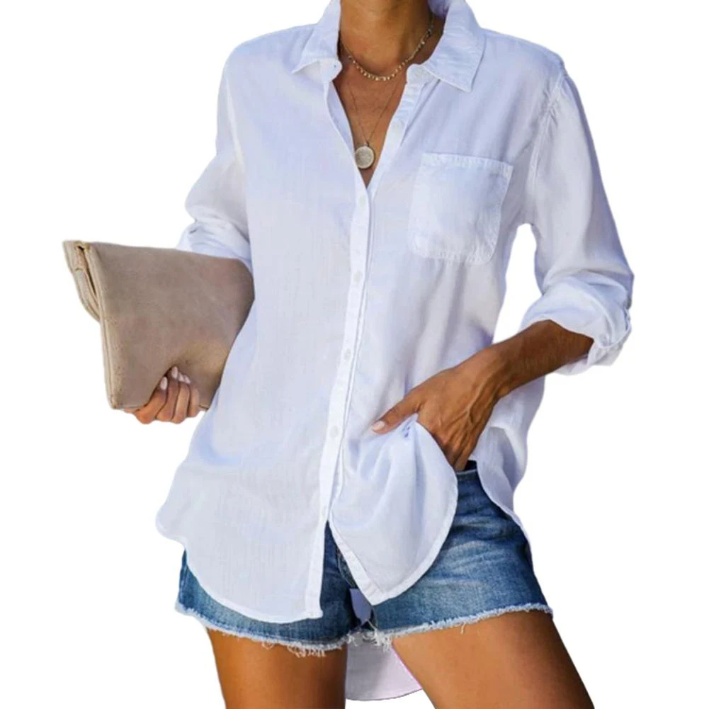 

Commuting Daily Use Shirt Top V-Neck Women Blusas Buttoned Casual Chiffon Blouse Irregular Hem Long Sleeved Comfy