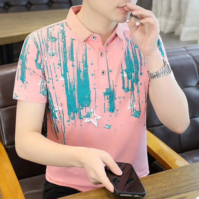 Fashion Hand-Painted T-shirts Men's Clothing Contrasting Colors Printed Summer Turn-down Collar Button Basic Casual Polo Shirts