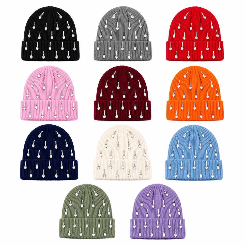 Sparkling Women Knitted Beanie Hat Rhinestone Embellishment Foldover Cuff Winter Hat Double Layer Stretch Fit Cuffed Beanie