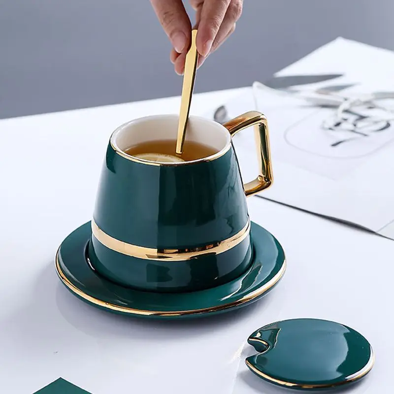 Gold Trim Green Porcelain Coffee Cups with Saucer, Lid, Mixing Spoon, for Drinks, Latte, Cafe Mocha Cappuccino and Tea - 450ml