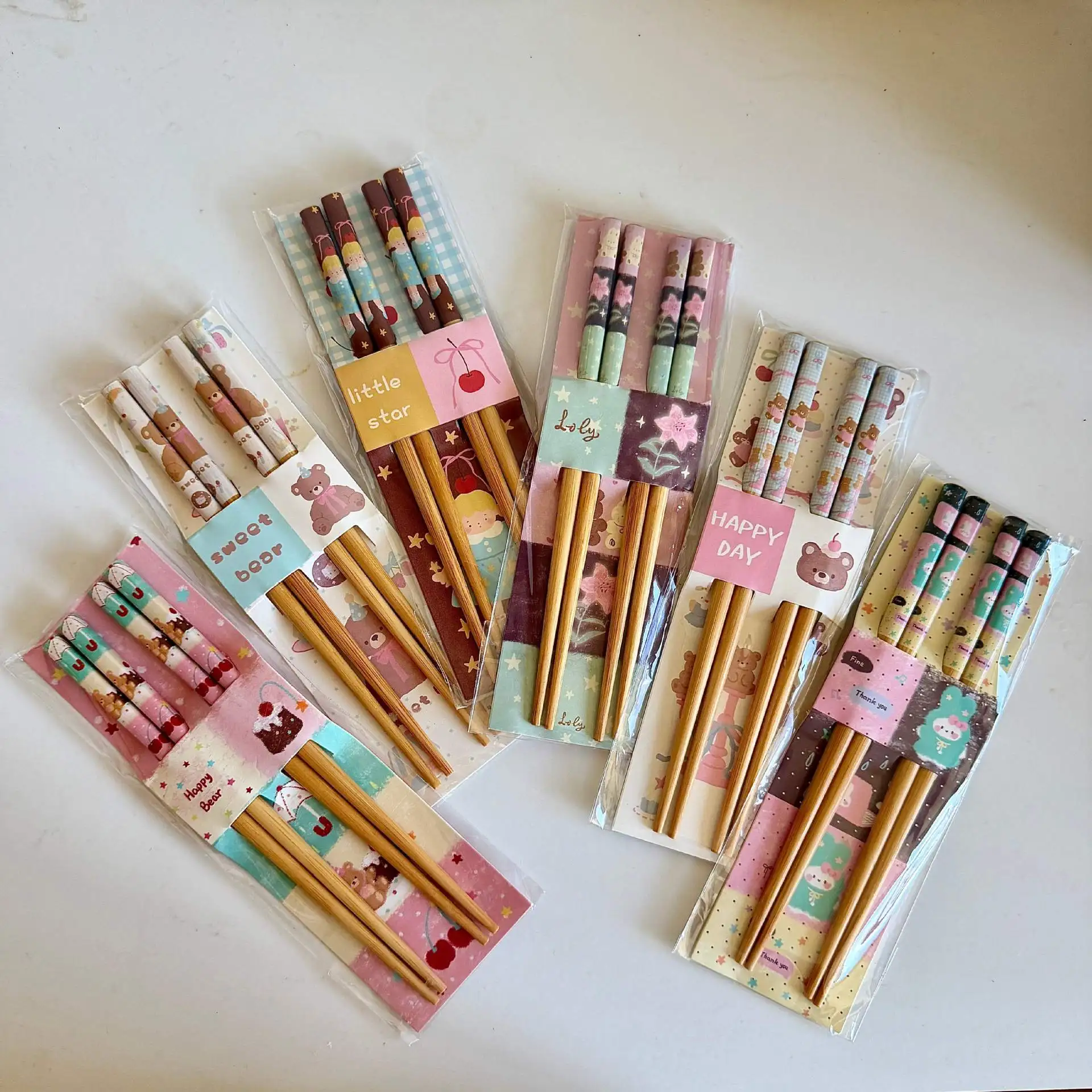 Kawaii Cartoon Little Bear Girl Cherry Printed Bamboo Chopsticks Eco-Friendly Handmade Wooden Chopsticks Household Dinner Gift
