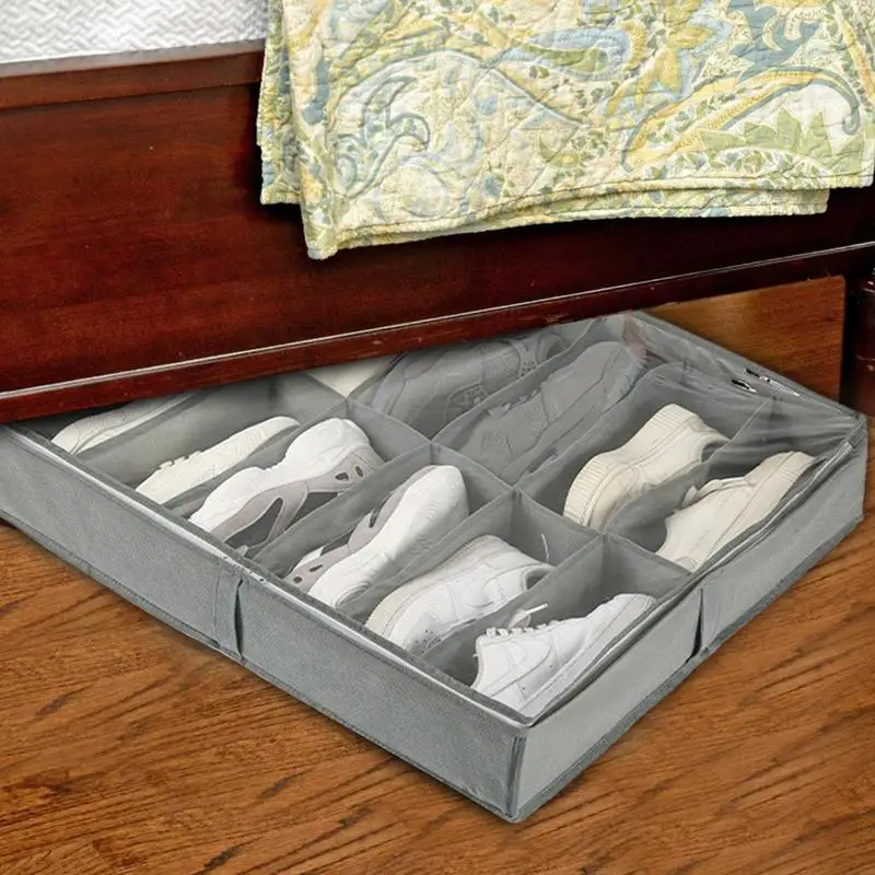 Foldable Under Bed Shoe Storage Organizer Dustproof Non Woven Storage Box with Clear Window Space Saving Shoes Organizer