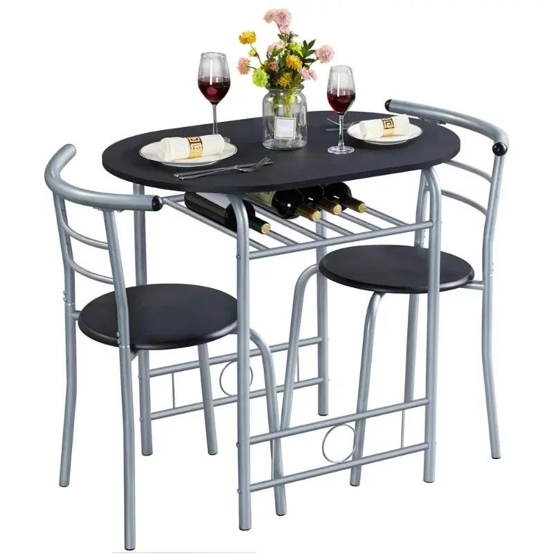 3pcs Modern Dining Set with 1 Round Table 2 Chairs for Home, Black dining table set
