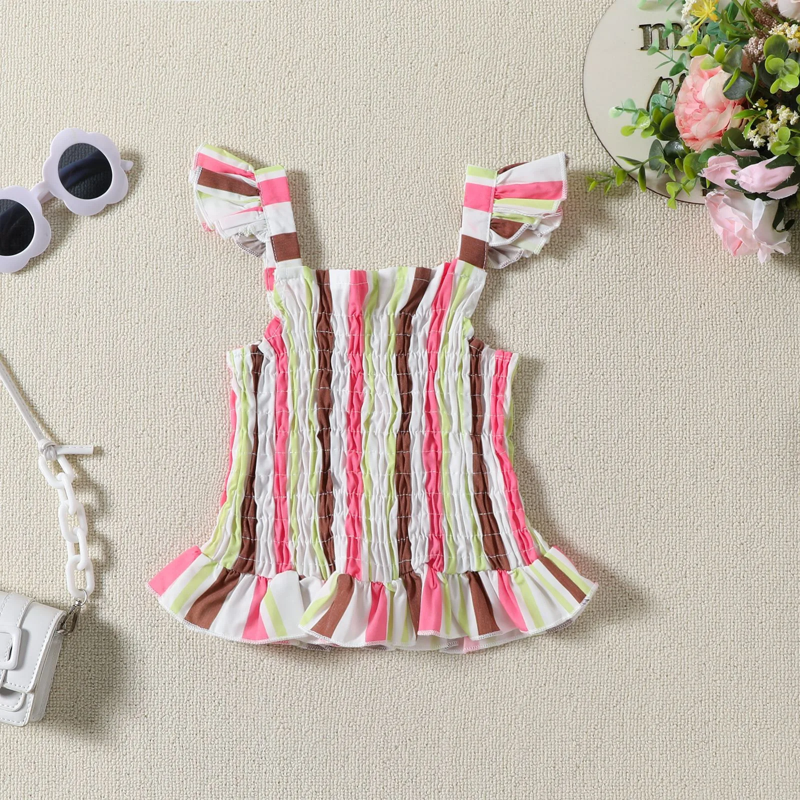 2025 Summer New Baby Girls Clothes Sets Colorful Stripe Sleeveless Flying Sleeve Vest Top+Shorts Set Summer Style BeachWear 0-4T