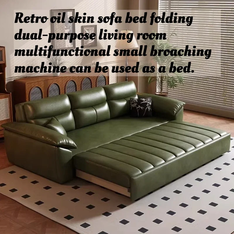

Vintage Waxed Leather Sofa Bed Foldable Pull Out Multifunctional Small Space LivingRoom Home Furniture Convertible Sleeper Green