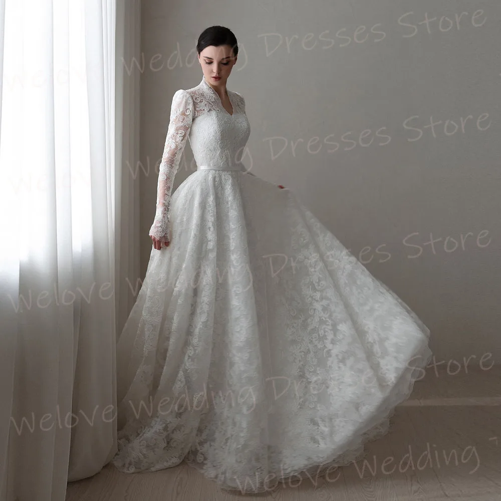 2025, luxuriöse A-Linie-Hochzeitskleider für Damen mit langen Ärmeln, individuelle Brautkleider, Spitzenapplikationen, V-Ausschnitt, Vestidos de Novia Boda