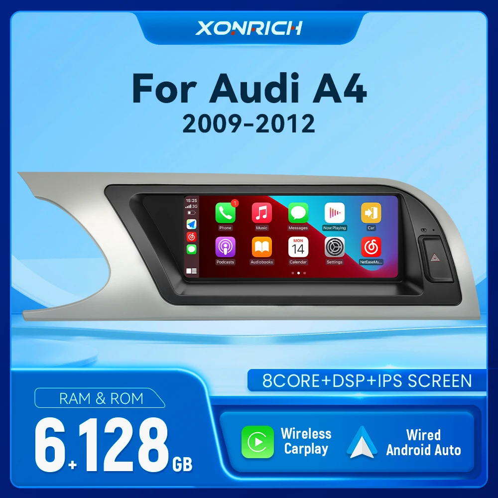 XONRICH Android 14 Für Audi A4 2009-2016 Auto-Multimedia-Player Drahtlose Carplay Bildschirm Autoradio Stereo GPS DSP intelligente