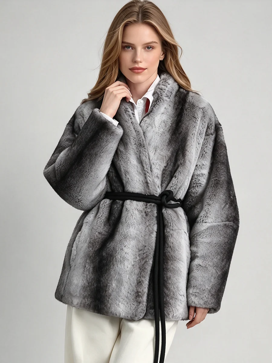 LIMO Women Short Faux Fur Coat V Neck Belted Waist Gradient Warm Winter Jacket
