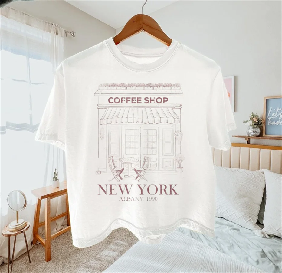 

Кофейня, женская футболка с короткими рукавами и принтом, повседневная универсальная женская летняя футболка с круглым вырезом для отпуска