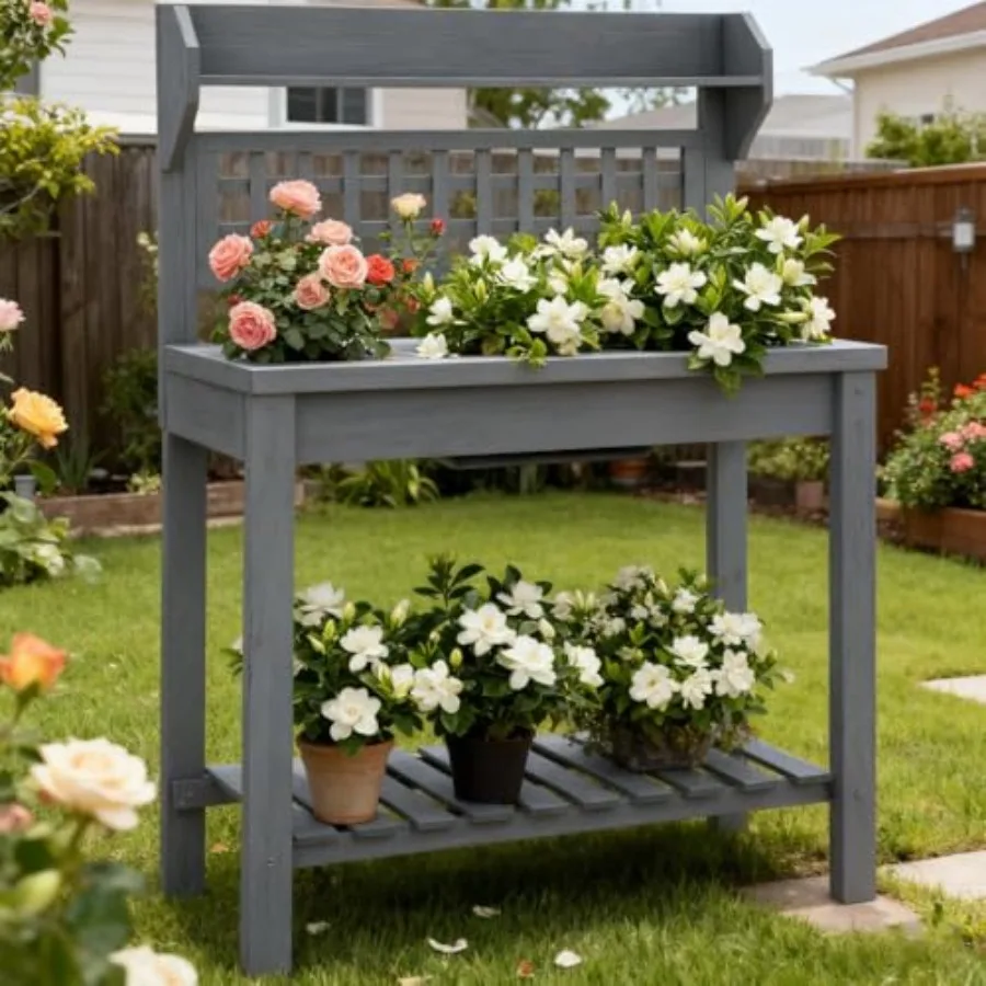 Wooden Workstation, Outdoor Potting Bench Table, with Sliding Tabletop, Storage Shelf and Dry Sink, for Greenhouse, Garden, Pat