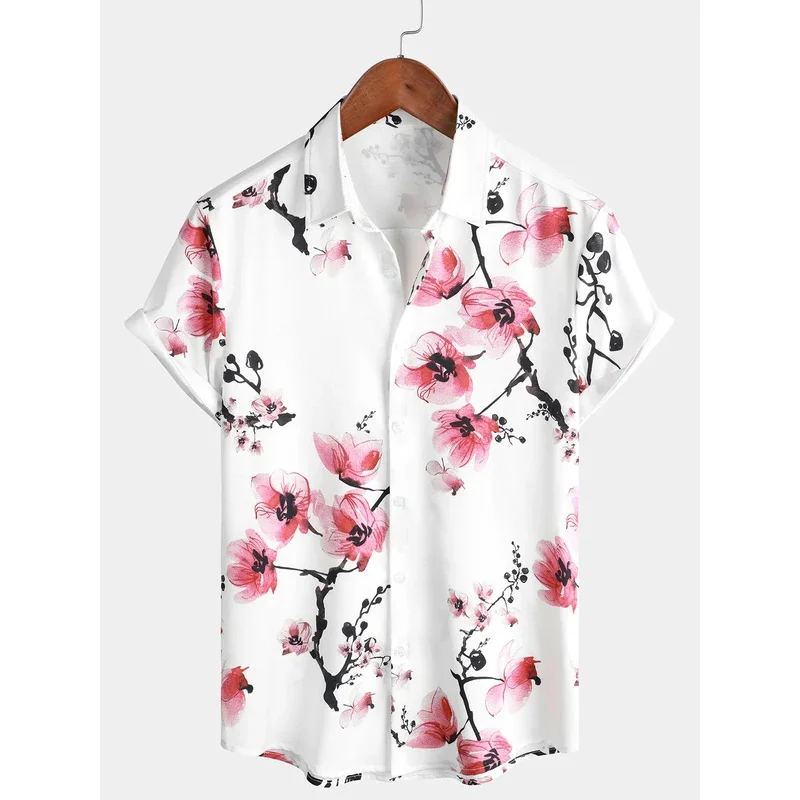 Men's casual pink printed summer button-flower short-sleeved cherry blossom shirt lapel Hawaiian vacation beach shirt Ropa Hombr