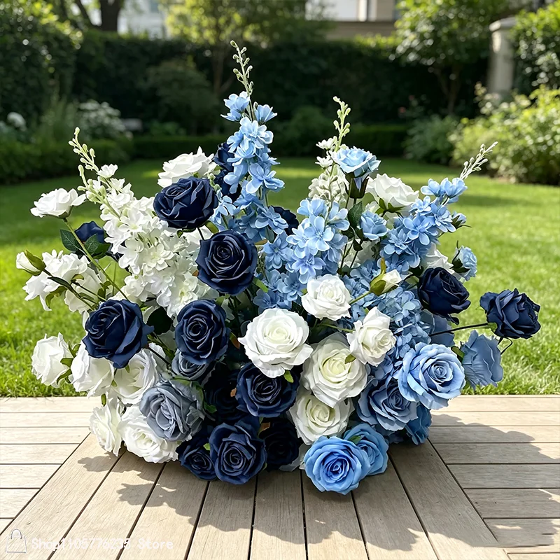 Künstliches Blau-Weißes Rosen-Blumenarrangement Hochzeitstisch-Mittelstück Hortensien-Delphinium-Bouquet Outdoor-Party-Bankett-Dekoration – Detail 1