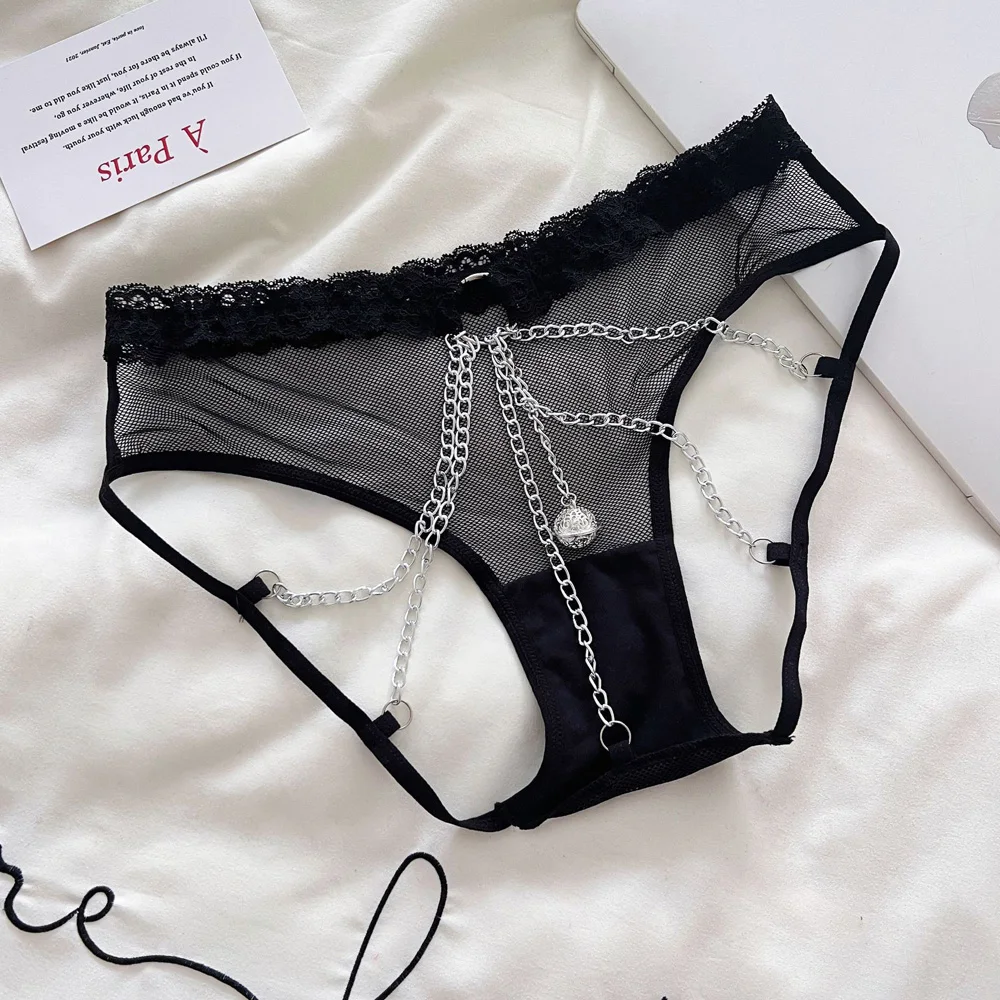 Women's Panties Sexy Low-Waist Thong Mesh Underwear for Women Transparent Lace Briefs with Hollow Metal Chain Circular Buckle