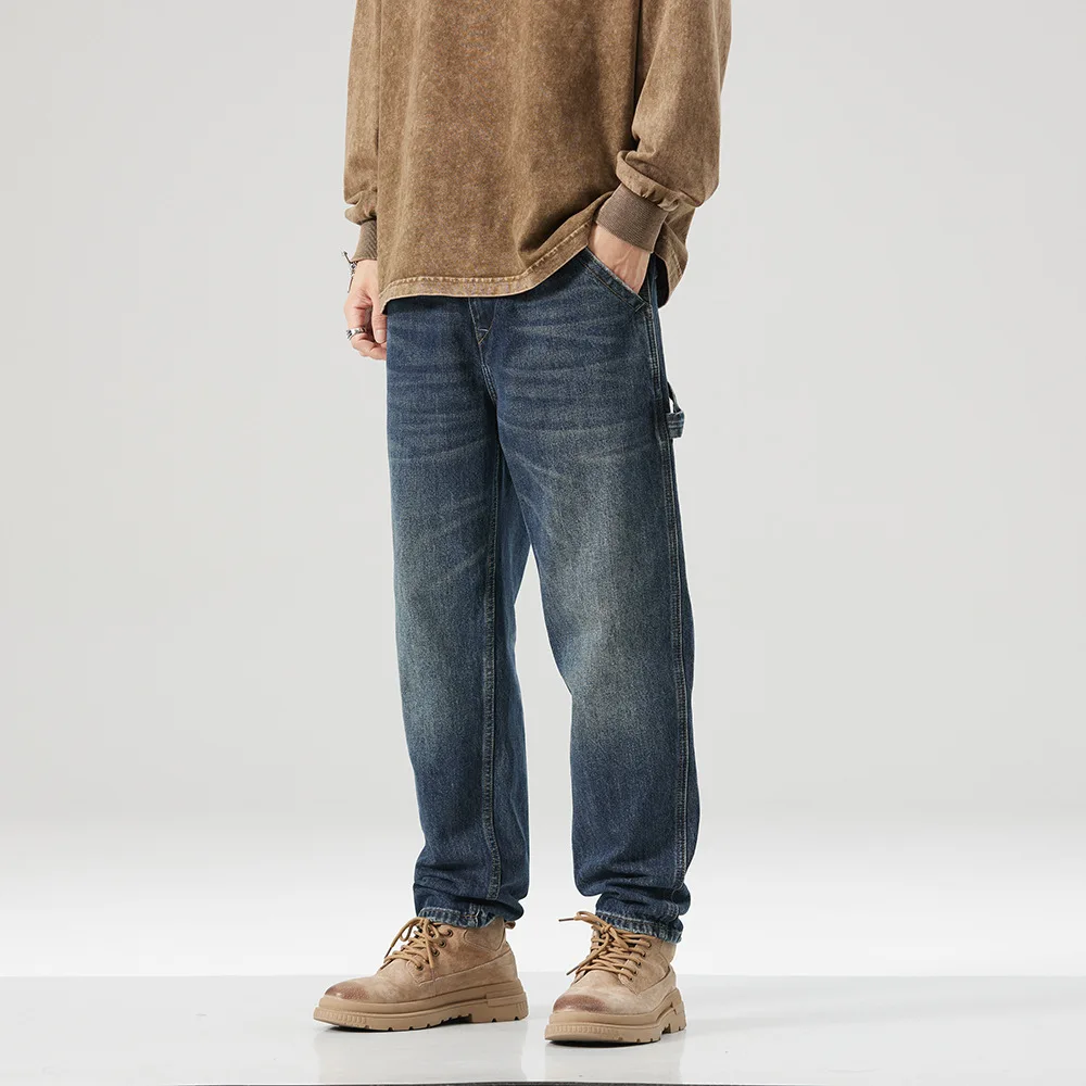 High quality long cargo jeans for men big size multi pocket stone wash cotton denim vintage trousers new 2024 clothing - blue