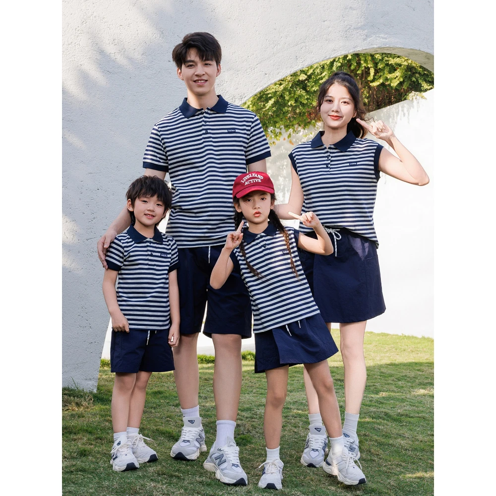 2026 Summer Family Matching Outfits Striped Polo Shirt & Skirt/Shorts Set Casual Preppy Family Wear for Mom Dad Kids Soft Cotton