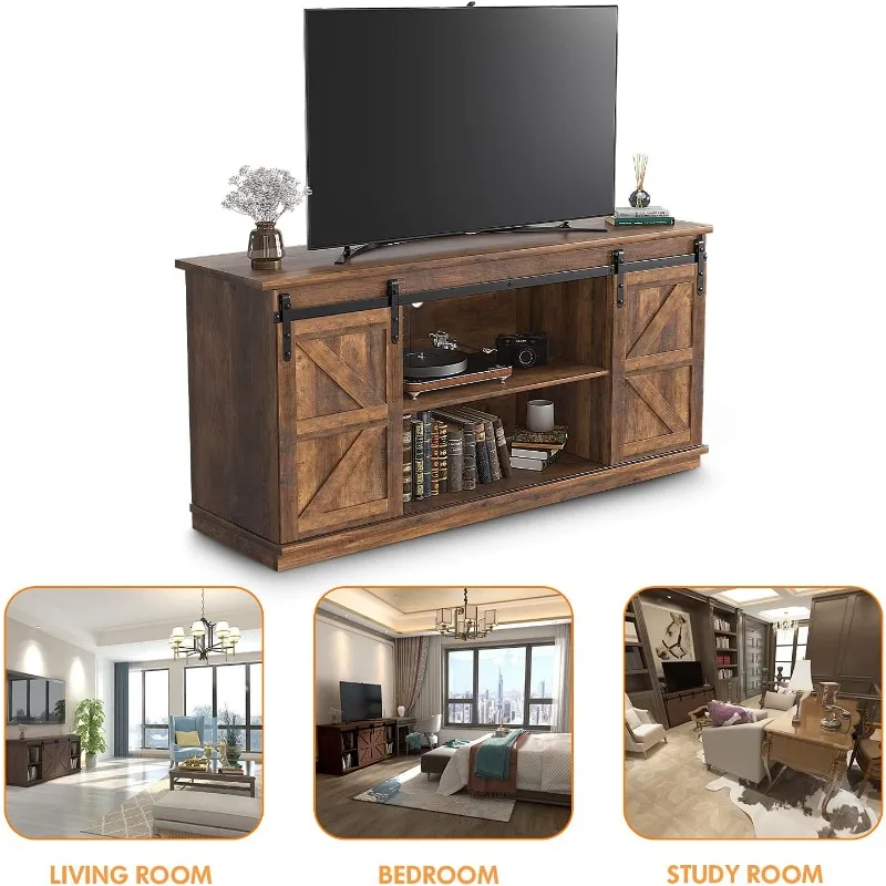 TV Stand for 65 Inch TV, Entertainment Center with Storage Cabinets and Sliding Barn Doors, Mid Century Modern Media Console