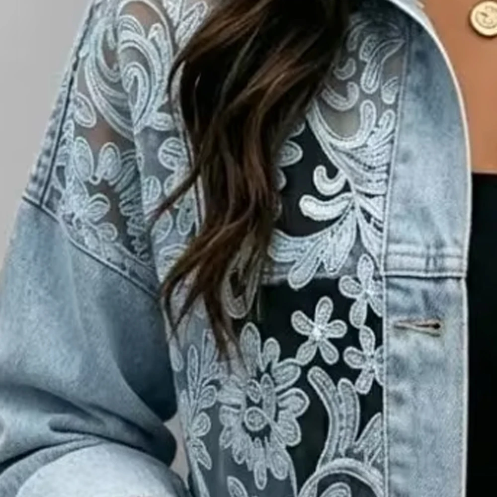 

Women's Floral Lace Embroidery Patchwork Denim Coat Long Sleeve See Through Cropped Jacket Casual Daily Spring Autumn Outfit
