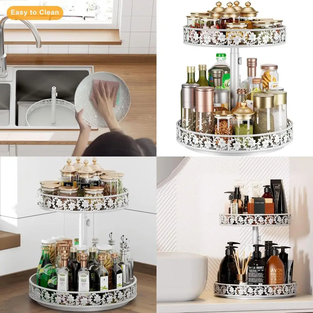 

Adjustable 12 Metal 2-Tier Lazy Susan Organizer, Easy Assembly, White Rotating Spice Rack for Kitchen Cabinets & Dining Tables