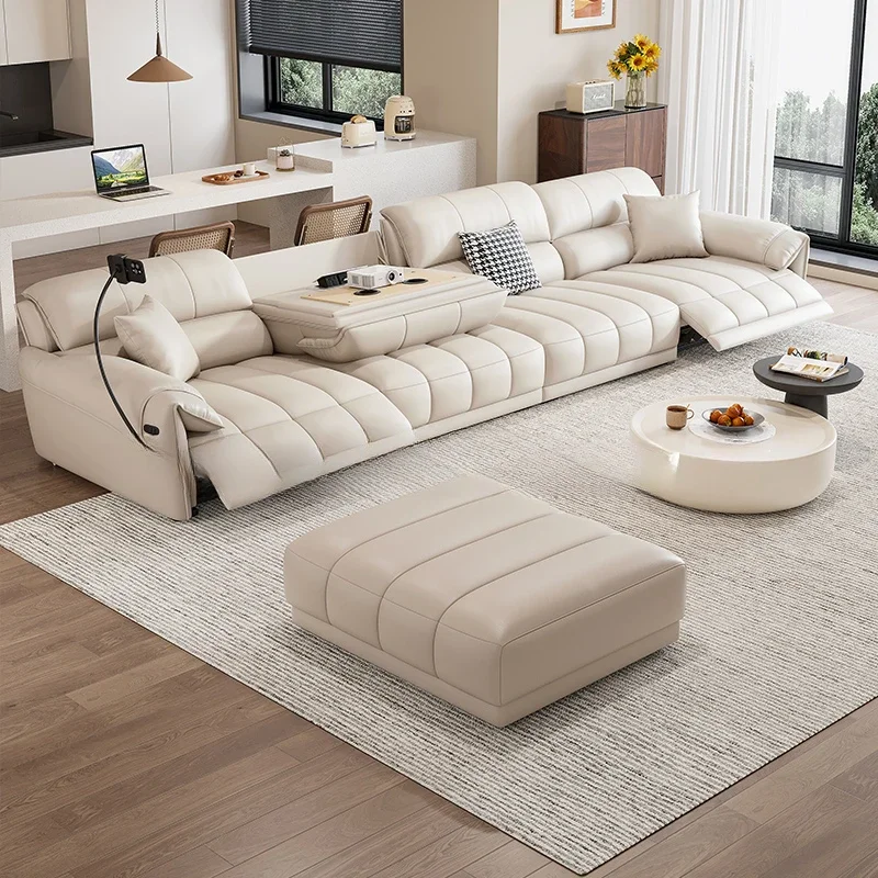 Zero wall cream style leather multi-functional sofa electric reclining three-person first layer cowhide Italian living room sofa