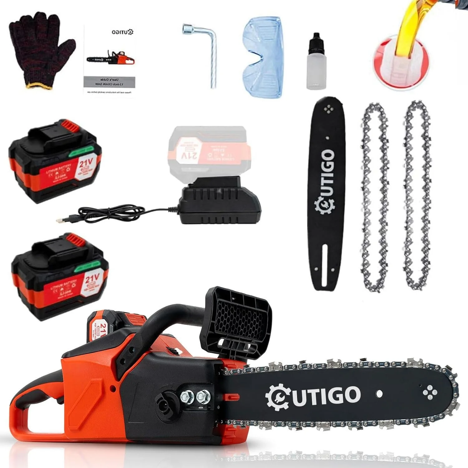 OUTIGO Cordless Electric Chainsaw, 1000W Brushless Chainsaw 12-Inch with 2×21V Batteries, 2 Replacement Chains & 1 Guide Bars