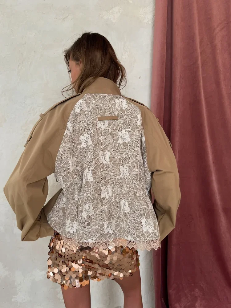 Women's Fashion Jacket 2026 Fall New Arrival Khaki Long Sleeve Lace-trim Loose Jackes Parka 2026 Lady Casual Fashion Outerwear