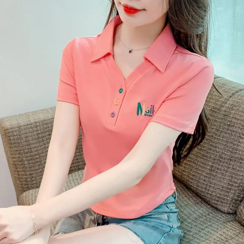 Kawaii Clothes Short Sleeve Women's Summer 2023 New Polo Collar Beautiful Embroidered T-shirt Unique Niche Fashion Crop Tops