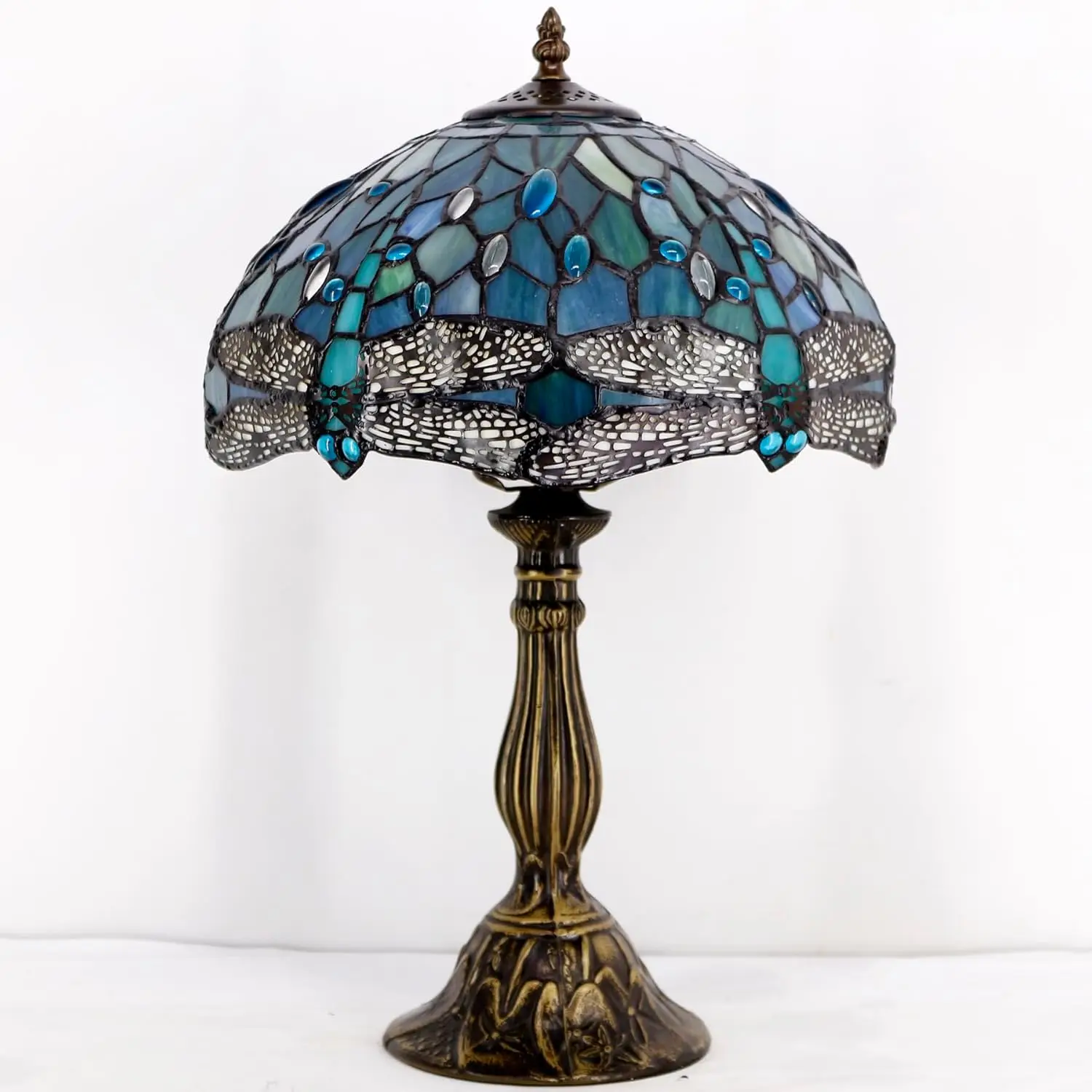 Tiffany Style Sea Blue Stained Glass Table Lamp with Dragonfly Design, 12x12x18 Inches, Desk Reading Light