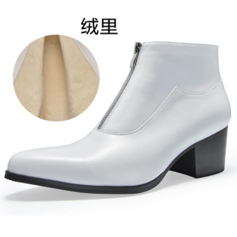 6 Cm High Heels Men\'s Ankle Boots Luxury Genuine Leather 2024 Winter Warm Black White Wedding Party Social Boots Man Dress Shoes