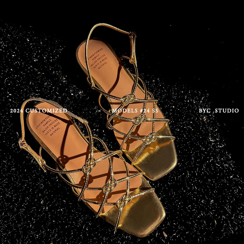 Women Sandals Narrow Band Retro Ladies Summer Sandals Gold Brown Roman Style Vintage Gladiator Shoes On Med Heel 3 CM