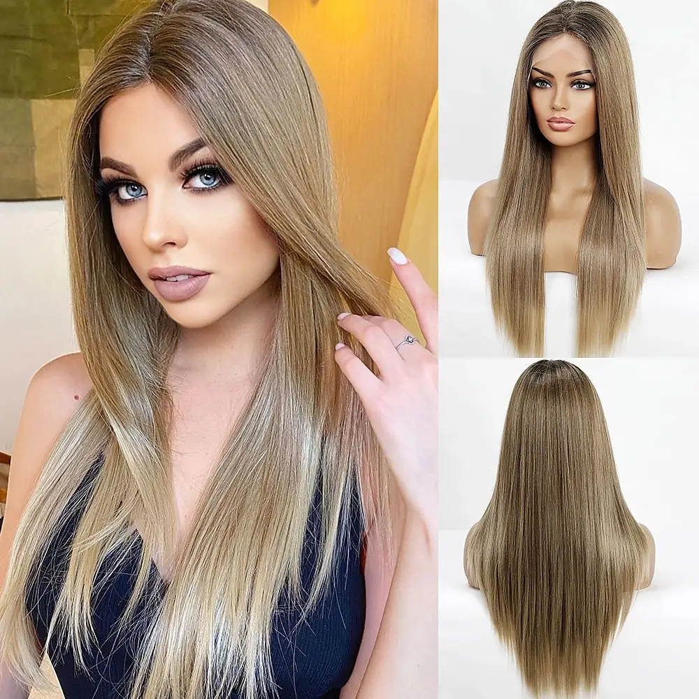 Dark Brown Synthetic Lace Front Wig Straight Style 24 inch Brown Middle Part 13x4x1 T Part Lace Front Wig