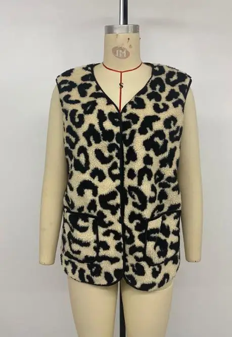Rompi Wanita 2025 Musim Gugur dan Musim Dingin Mode Baru Motif Leopard Kerah V Tanpa Lengan Desain Saku Jaket Cardigan Kasual Atasan