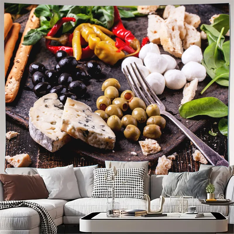 Rustic Mediterranean Food Tapestry Wall Decor Art Charcuterie Board Print Italian Kitchen Dining Room Boho Style Feast Photograp