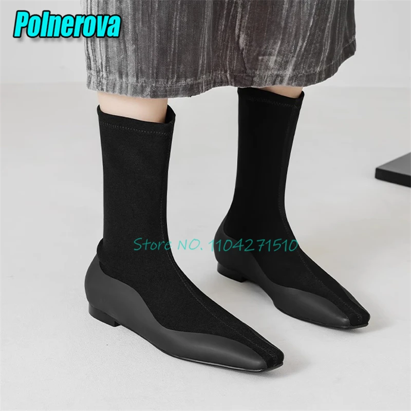

Square Toe Suede Leather Elastic Boots for Women Spring Autumn Fashion Patchwork Knee High Boots Comfortable Flat Casual Shoes