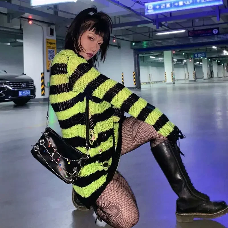 TUMAO Women Y2K E-girl Goth Hole Striped Knitted Pullovers Long Sleeve Ripped Sweater Jumpers Punk Style Kawaii Harajuku