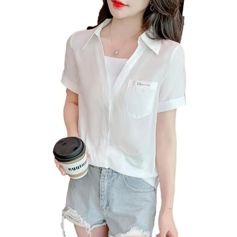 Polo Shirts for Women 2024 Fashionable French V-neck Fake Two White Shirts Summer Design Korean Loose Short Sleeved Shirt Top