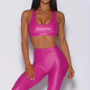 Pmwrun Women's Active Wear Bomb Shiny Fabric Leather Like Quick Dry Sport Bra Top High Waist Legging Yoga Set