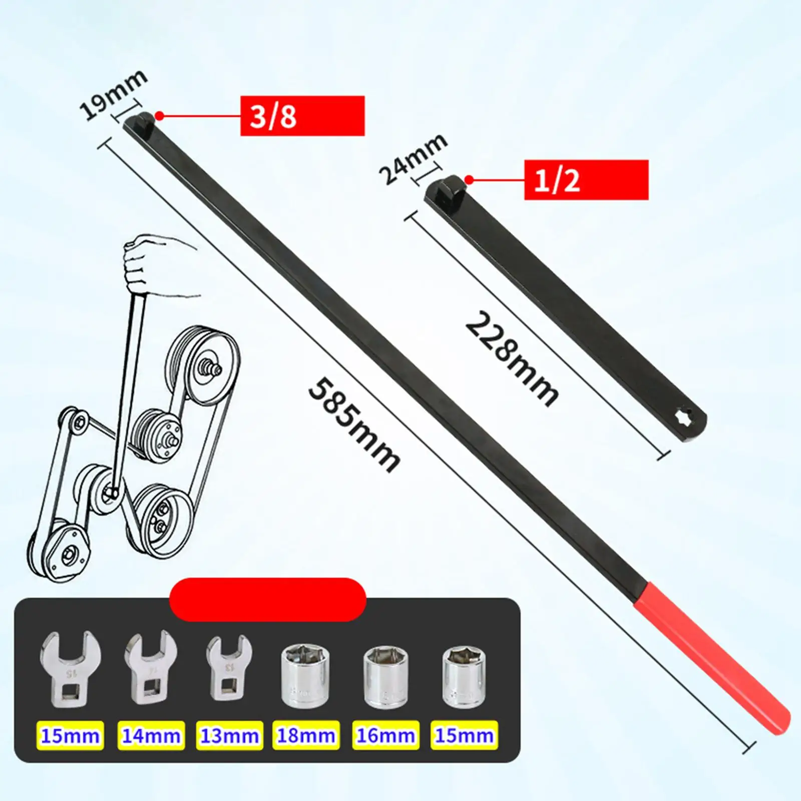 

8Pcs Belt Tensioner Tool Wrench Set Versatile Extended Reach for Idler Pulley Replacement Professional Sturdy 3/8" & 1/2" Drive