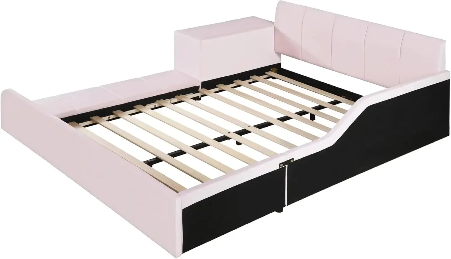 سرير بمنصة سرير منجدة مخملية، إطار سرير خشبي كامل الحجم للأم والطفل مع مكتب بجانب السرير ومقعد دائري صغير