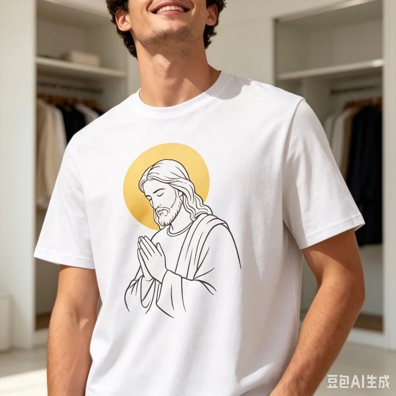 Jesus Prayer Halo Print Men T-Shirt 100% Cotton Religious Faith Graphic Tee Hope Casual Streetwear vintage Hip Hop Birthday Top
