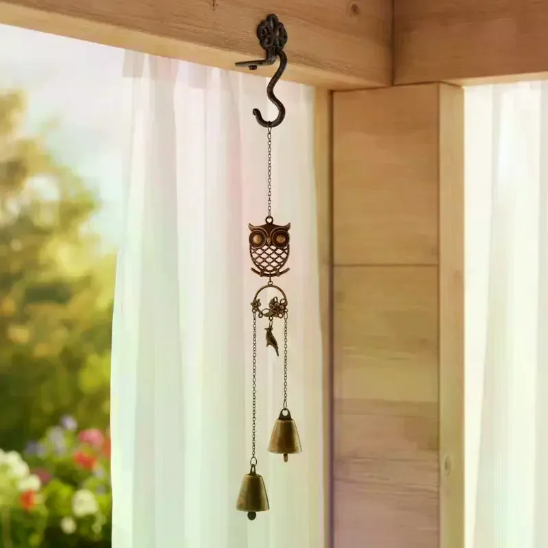 Forest-style Metal Owl Double Bell Wind Chime Entryway Door Decoration Christmas And Thanksgiving Gift