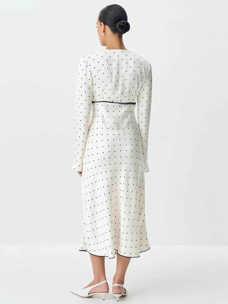 レディース 秋 Vネック 長袖 ボディコン パッチワーク クラブ パーティー イブニングドレス 新ファッション サテン 水玉模様 マキシドレス