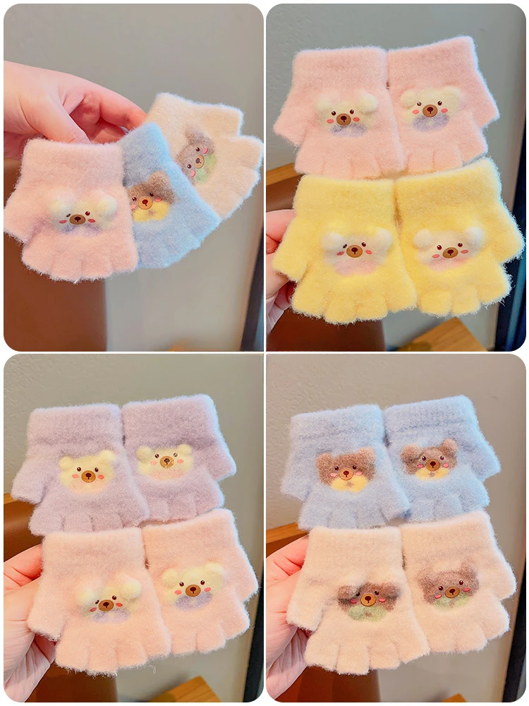 2023 New Baby Girls Boys Cute Bear Plush Soft Five Finger Gloves Winter Outdoor Children Warm Lovely Gloves Kids Colors Gloves