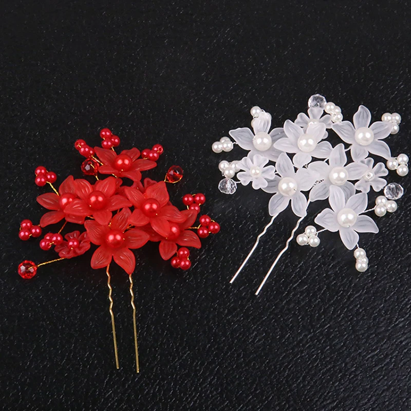 Handmade Red White Pearl Flower Wedding Hairpins Crystal Beaded Bridal Hair Pins Sticks For Women Girls Hair Jewelry
